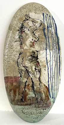 Brendan Adams, ceramic artist, standing nude oval tile